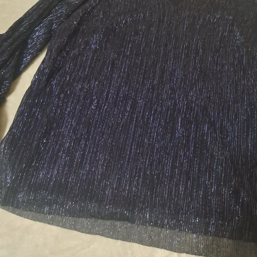 CeCe Womens Navy Blue Metallic Shimmer Blouse Large V Neck Long Sleeve Dress Top